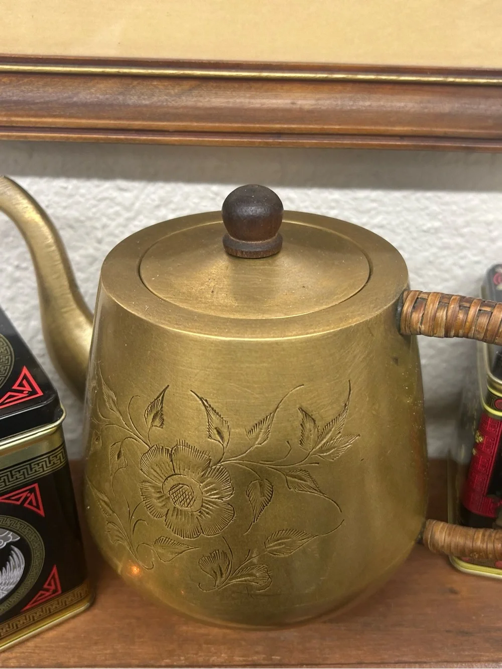 Vintage Brass Floral Teapot with Woven rattan Handle - Gold